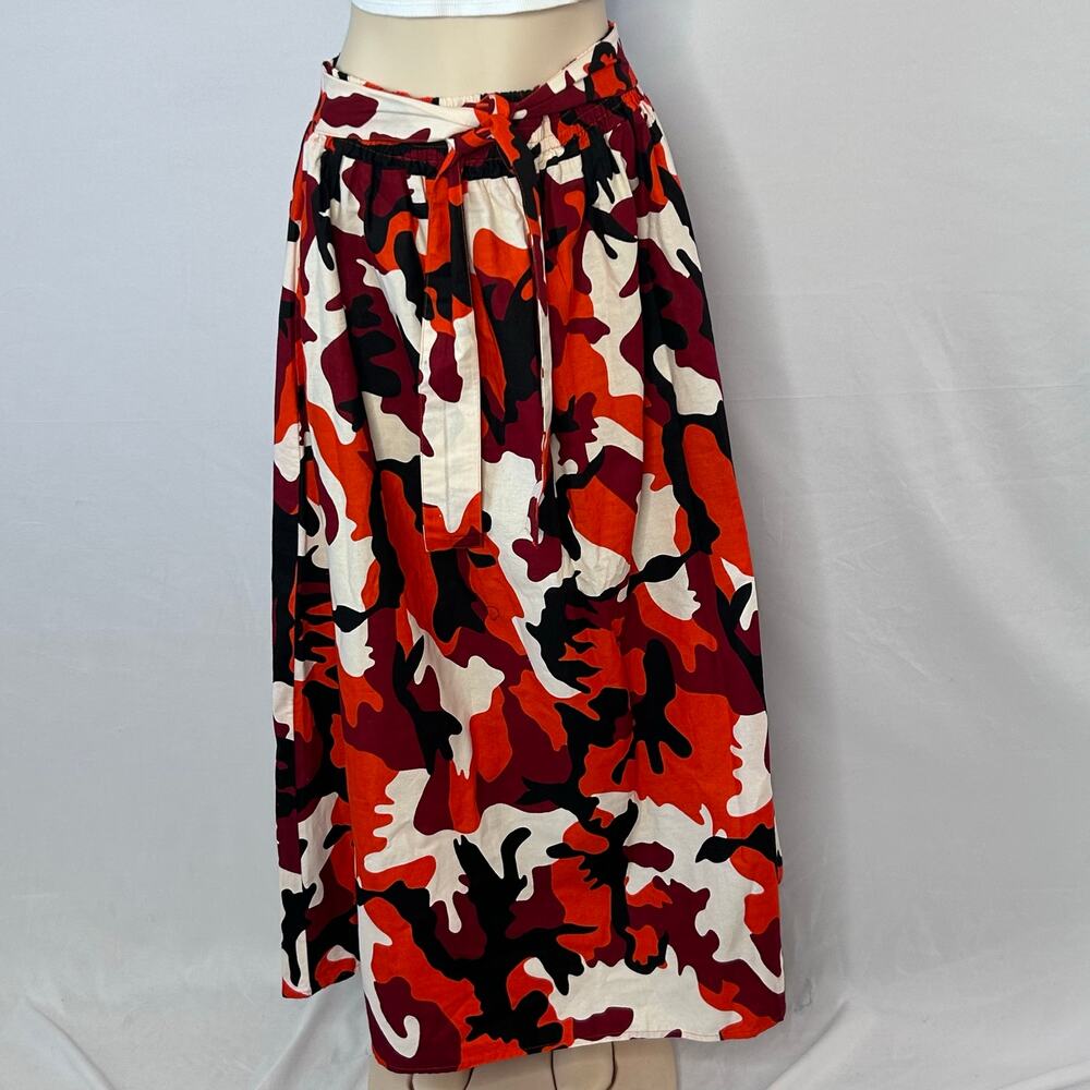 KaraChic Y2K Red Orange Camo Midi Skirt Adjustable Waist Boho Streetwear